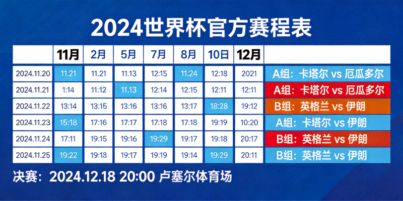 世界杯官方赛程表展示 - 标注了日期与球队对阵的日历视图
